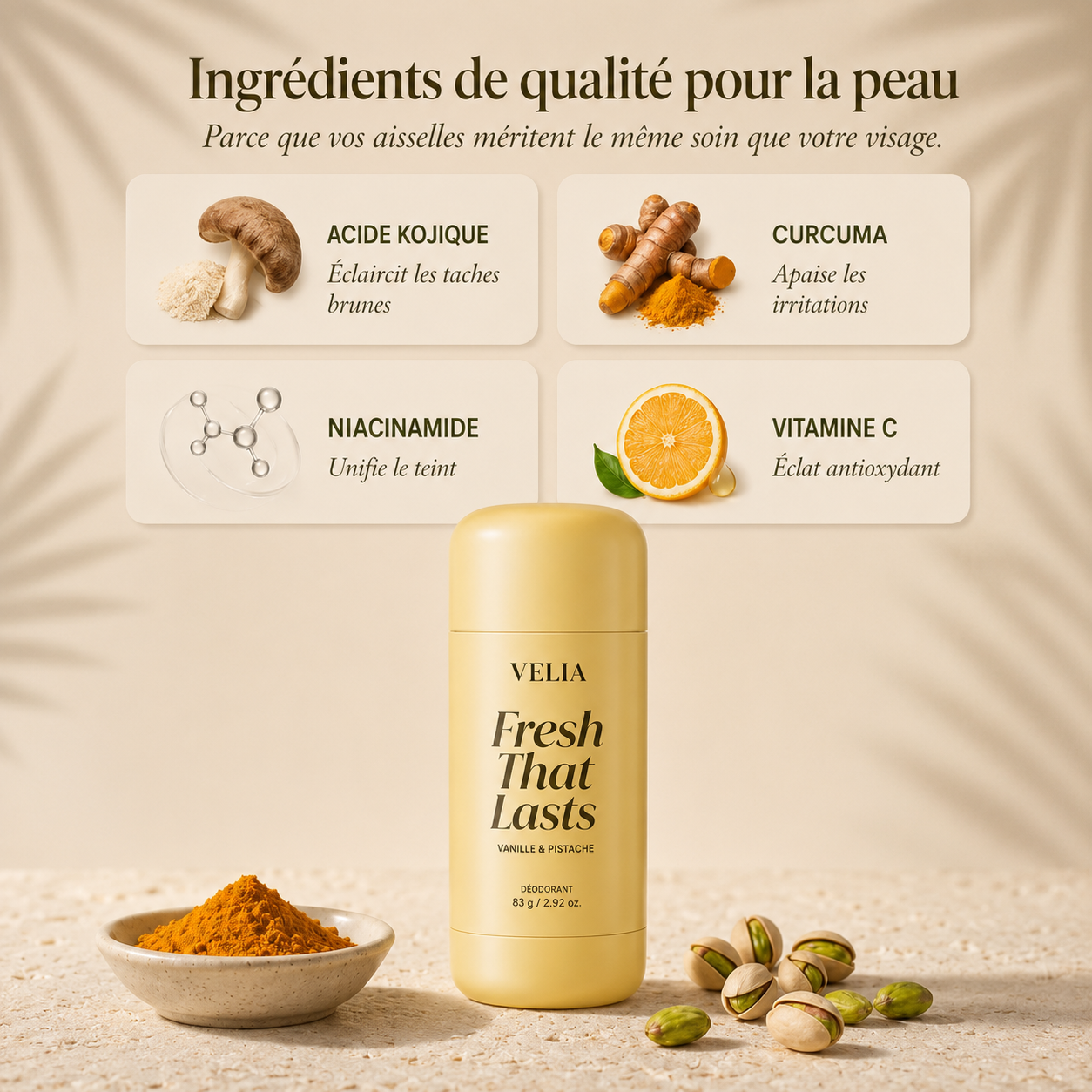Ingrédients de qualité : acide kojique, curcuma, niacinamide, vitamine C