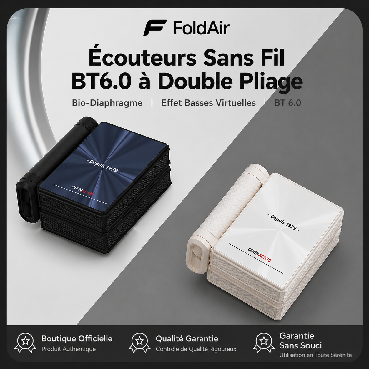 FoldAir open-ear : double pliage, haut-parleur 14,2 mm, IPX5, Bluetooth 6.0, arceau ergonomique