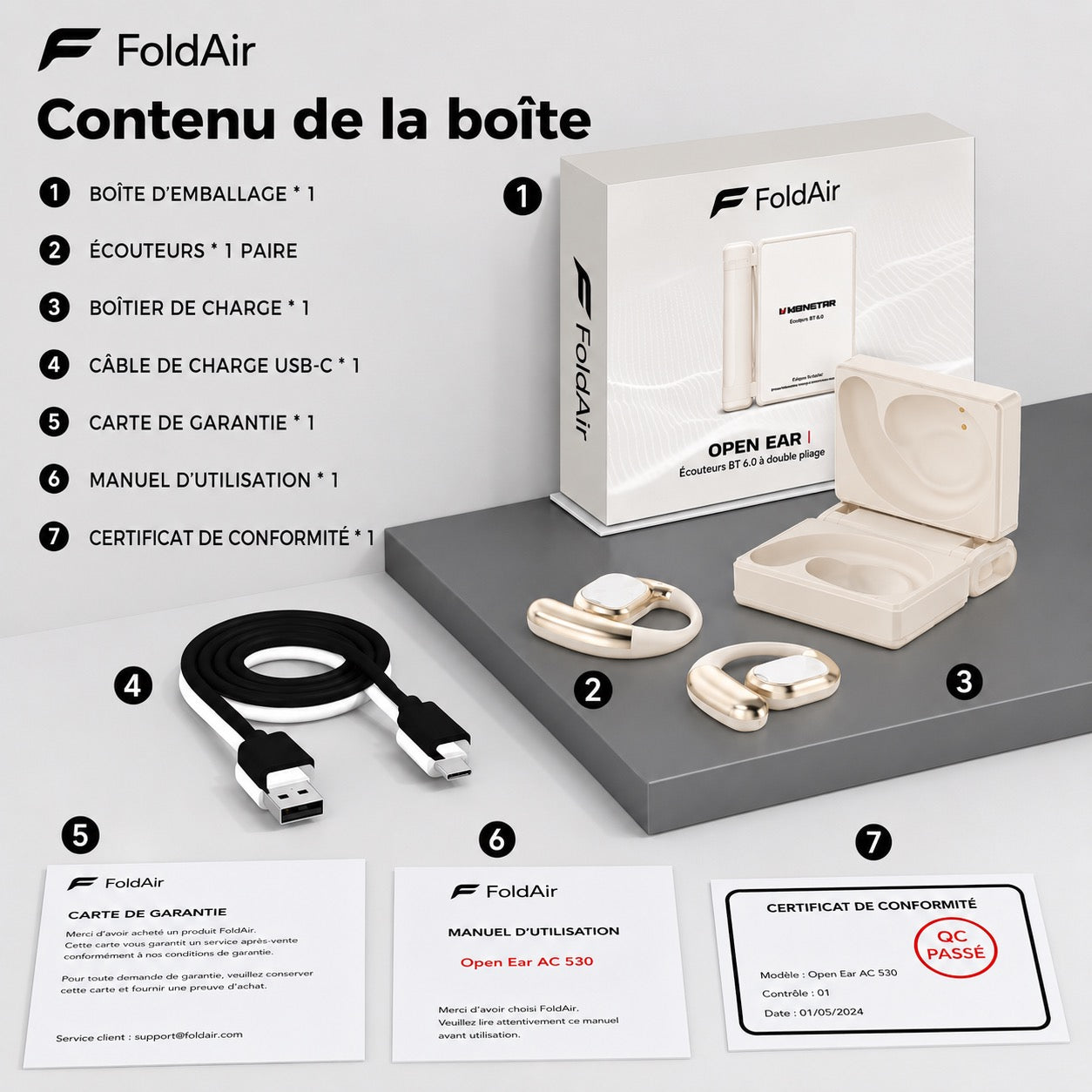 Contenu du coffret FoldAir : écouteurs, boîtier de recharge, câble Type-C, manuel et garantie