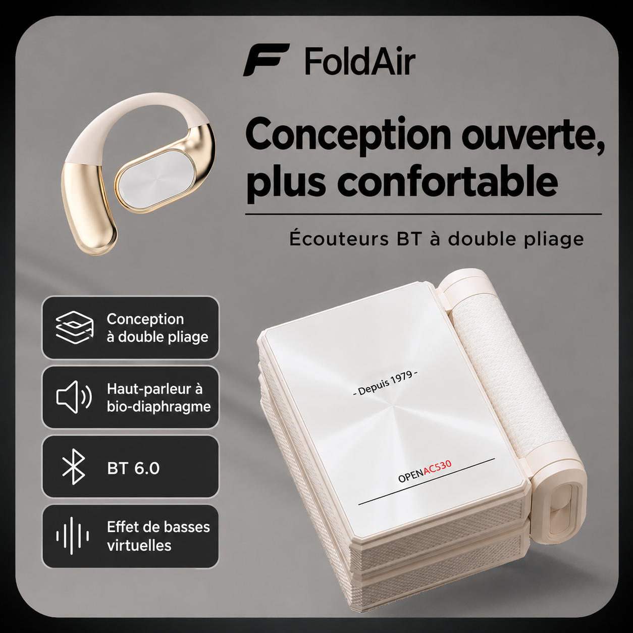 Écouteurs open-ear FoldAir avec arceau ergonomique, design à double pliage