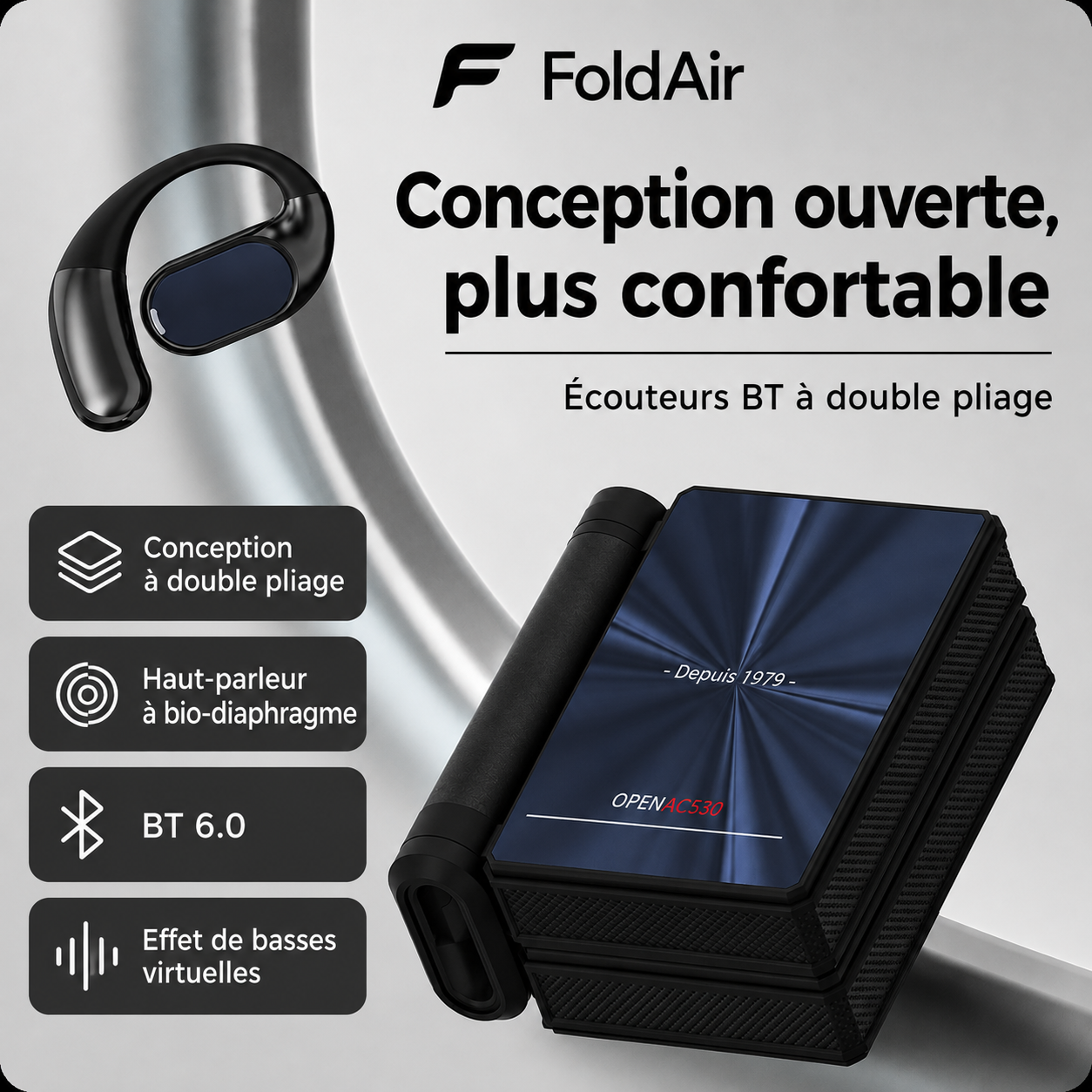 FoldAir open-ear : haut-parleur bio-diaphragme 14,2 mm, IPX5, Bluetooth 6.0, arceau ergonomique